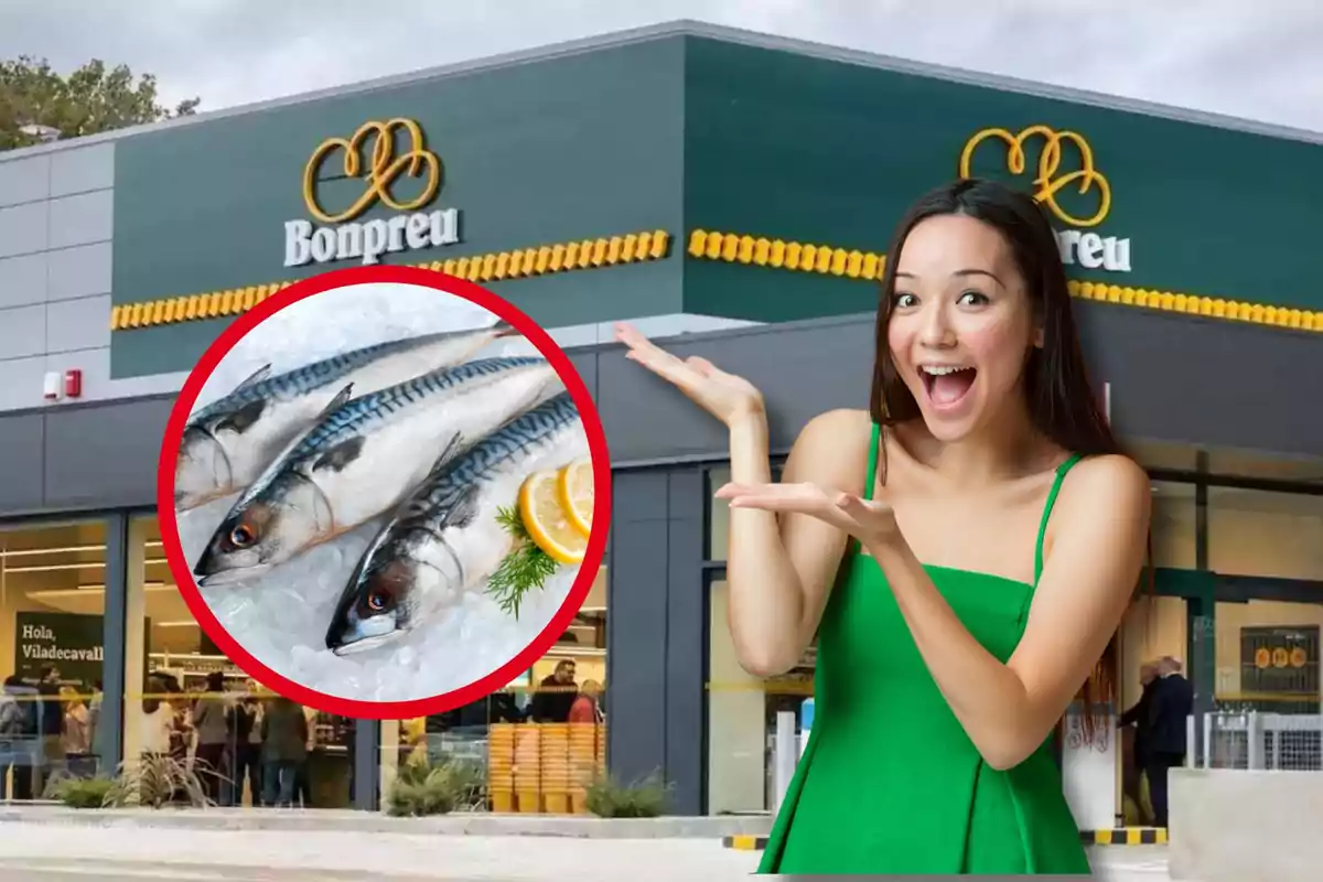 Una mujer sonriente con un vestido verde señala hacia un supermercado Bonpreu, con una imagen de pescado fresco en un círculo rojo superpuesta.