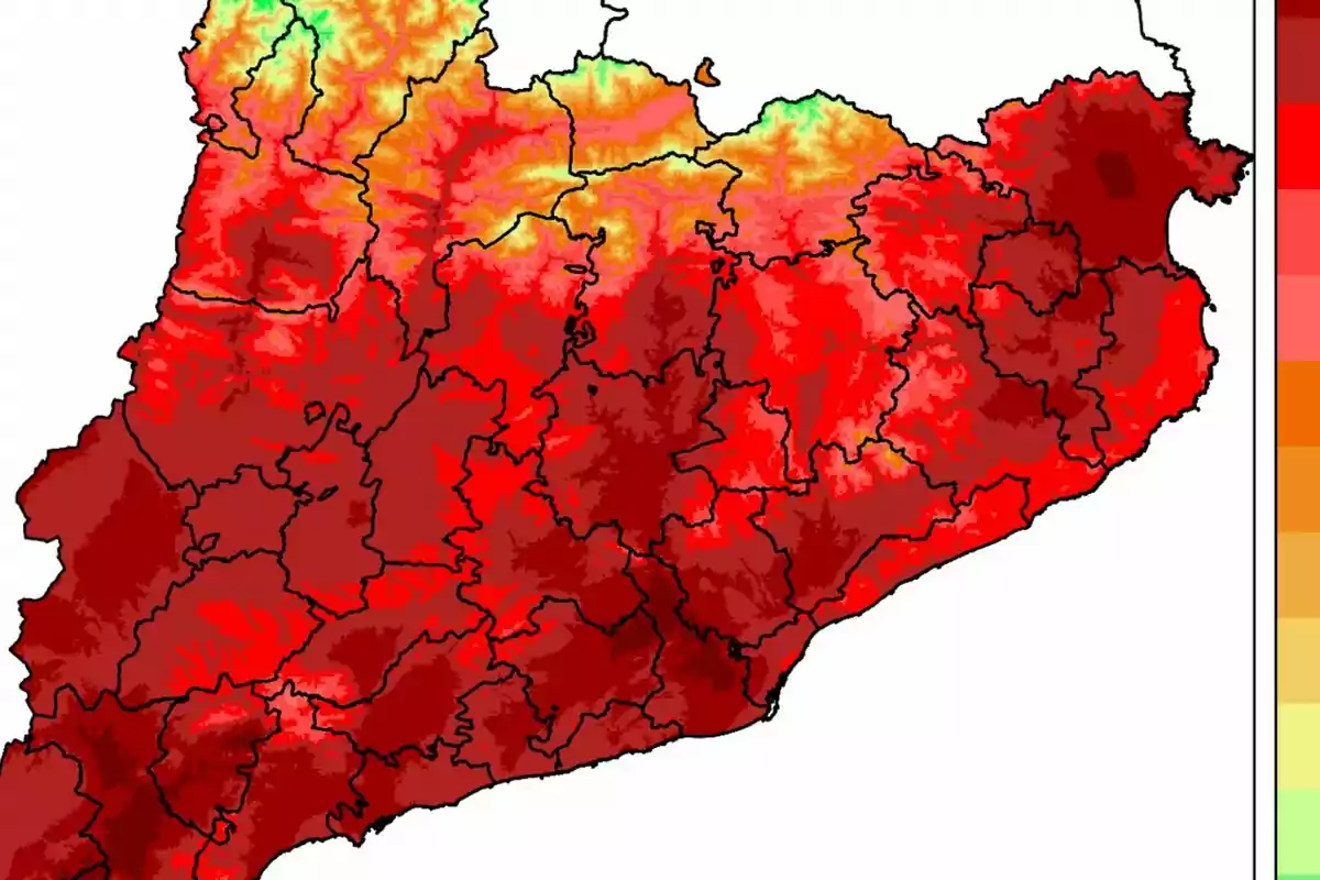 Mapa de calor que mostra la intensitat d'un fenomen a diferents regions, amb predominància de colors vermells i algunes àrees en verd i groc.