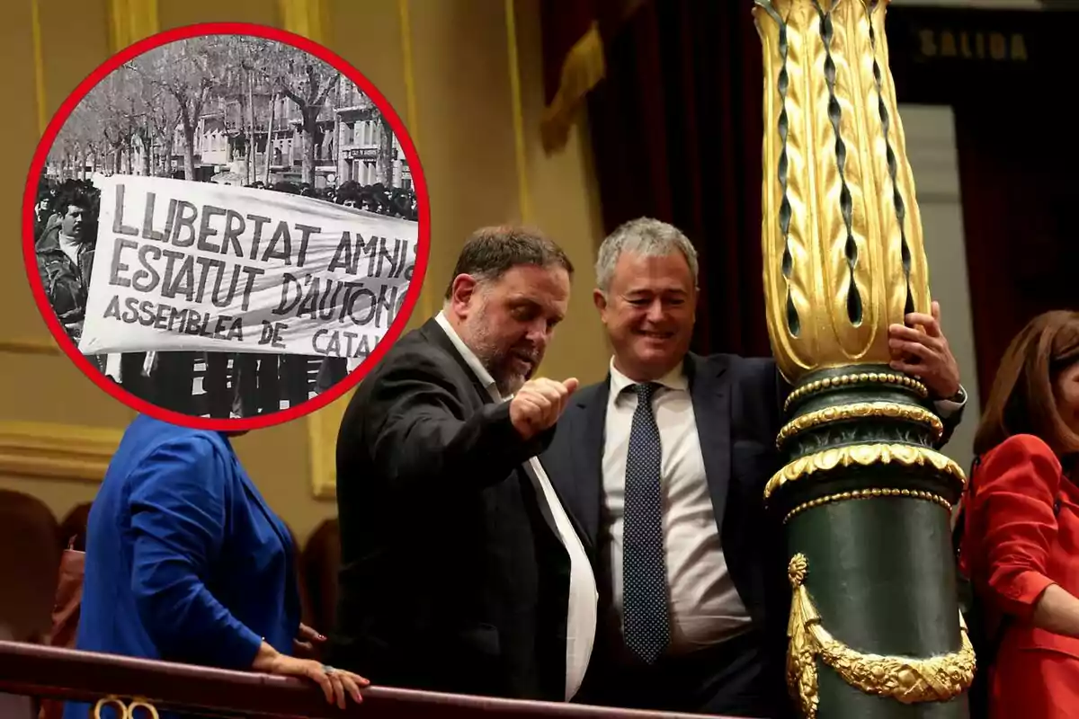 Muntatge amb una imatge d'Oriol Junqueras saludant al Congrés. A la cantonada superior esquerra, dins d'un cercle, imatge de persones manifestant-se per l'amnistia als anys 70