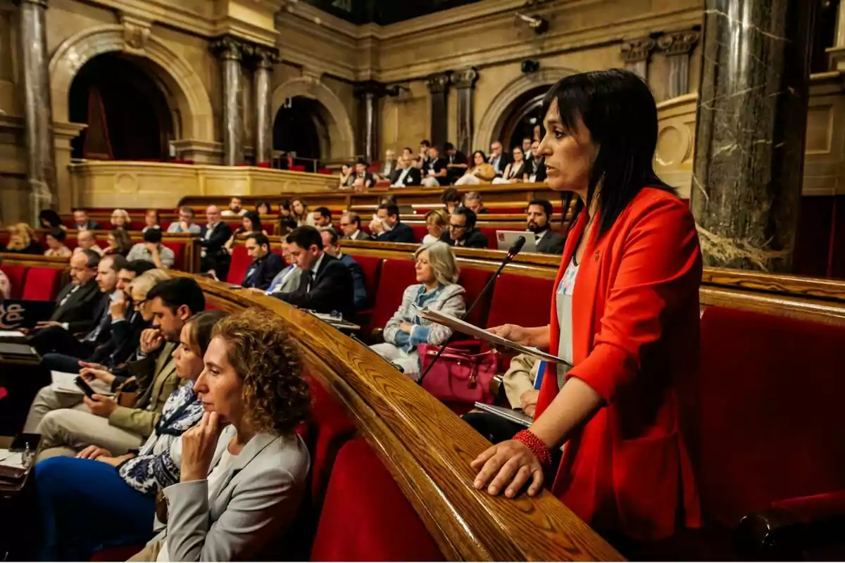 Dona dreta parlant en un parlament mentre altres persones escolten assegudes en bancs vermells Dona dreta parlant en un parlament mentre altres persones escolten assegudes en bancs vermells