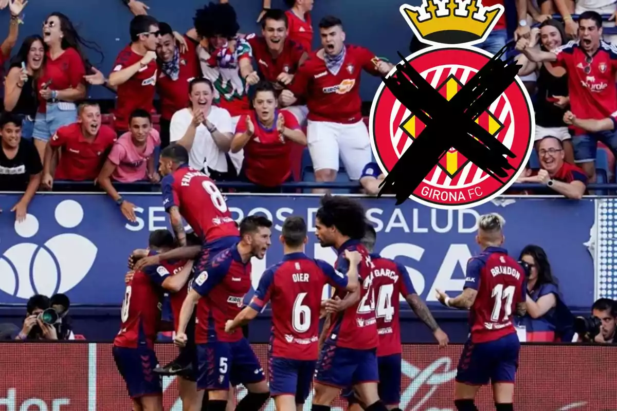 Muntatge amb l'Osasuna celebrant un gol i l'escut del Girona FC a dalt a la dreta ratllat amb una X vermella