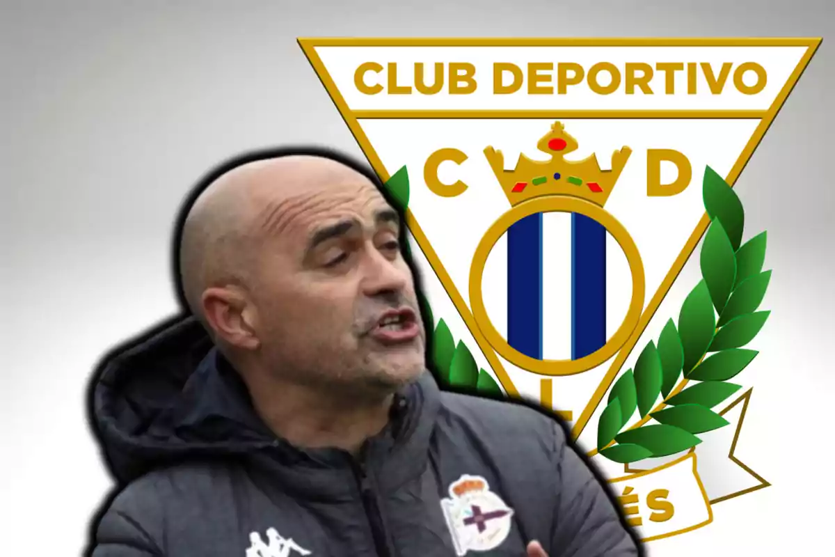 Óscar Gilsanz, entrenador del Depor, i l'escut del Leganés