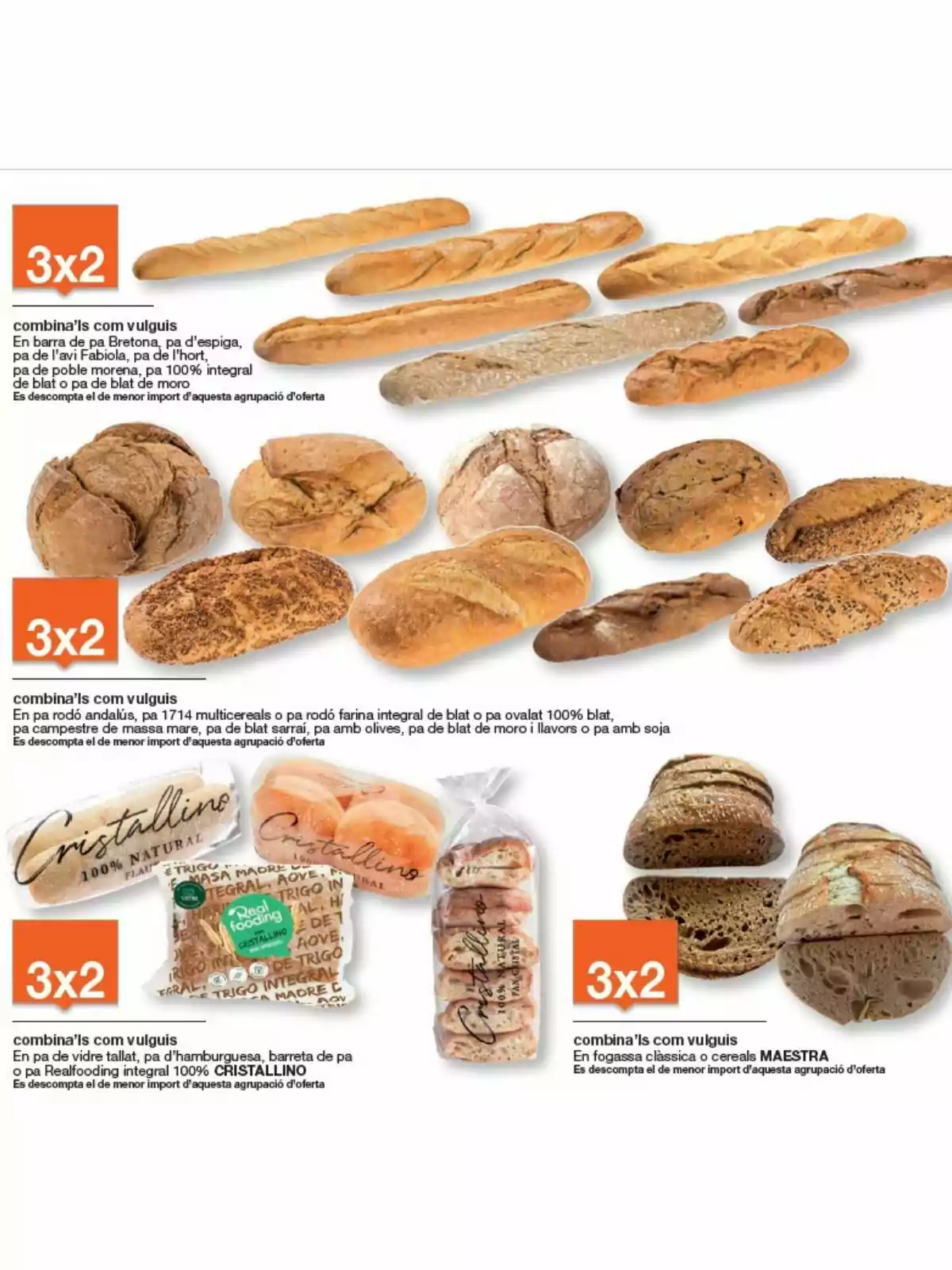Promoción de panes variados con oferta 3x2, incluyendo barras, panes integrales, multicereales y especiales como Cristallino y Maestra.
