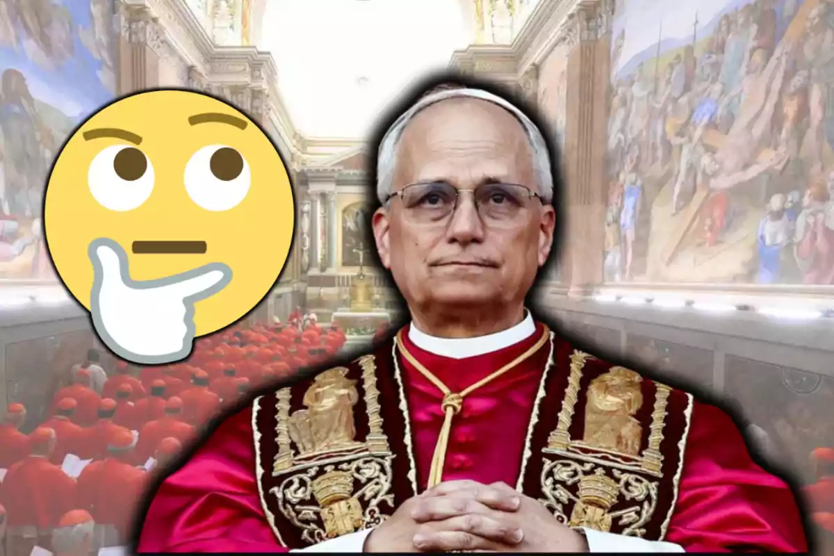 Un hombre vestido con vestimenta eclesiástica está superpuesto sobre una imagen de una iglesia con un emoji pensativo al lado.