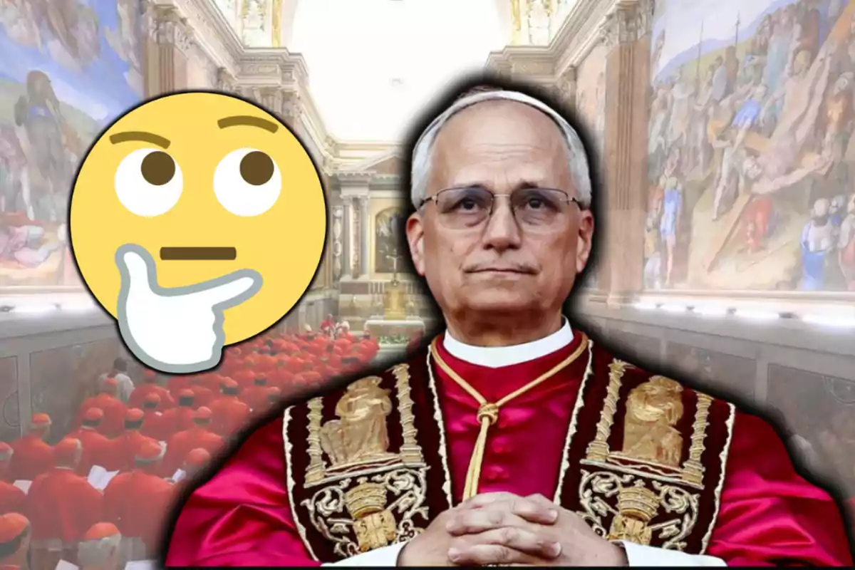 Un home vestit amb indumentària papal està superposat sobre una imatge de la Capella Sixtina, al costat d'un emoji de cara pensativa.