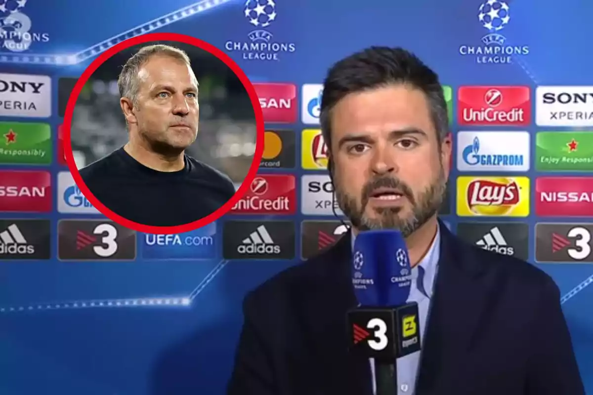 Un periodista d?esports està parlant davant d?un micròfon amb el logotip de la UEFA Champions League i diversos patrocinadors al fons, mentre que en un cercle vermell es mostra la imatge d?un home amb expressió seriosa.