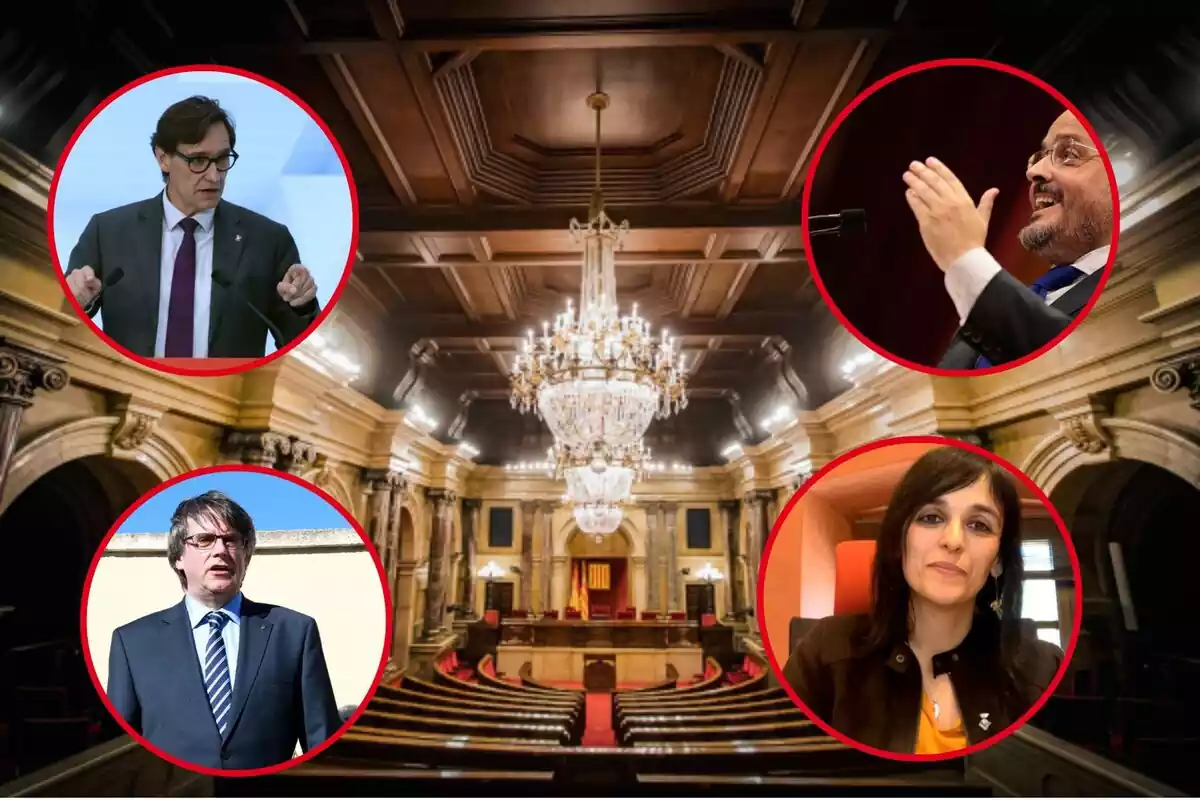 Muntatge amb una imatge de l'interior del Parlament i imatge de 4 polítics als seus cercles respectius