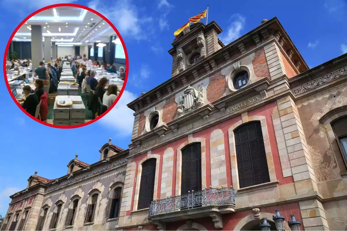 Muntatge amb imatge de l'exterior del Parlament de Cataunya. A la cantonada superior esquerra, dins d'un cercle, imatge del procés de recompte del vot exterior