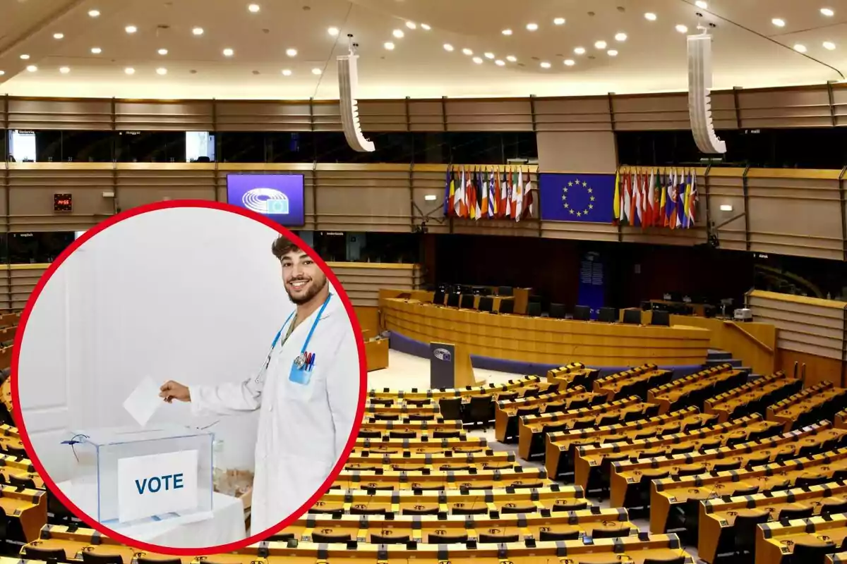 Muntatge amb imatge de l'interior del Parlament Europeu. A la cantonada inferior esquerra, dins d'un cercle, imatge d'un home posant un sobre a una urna de votació
