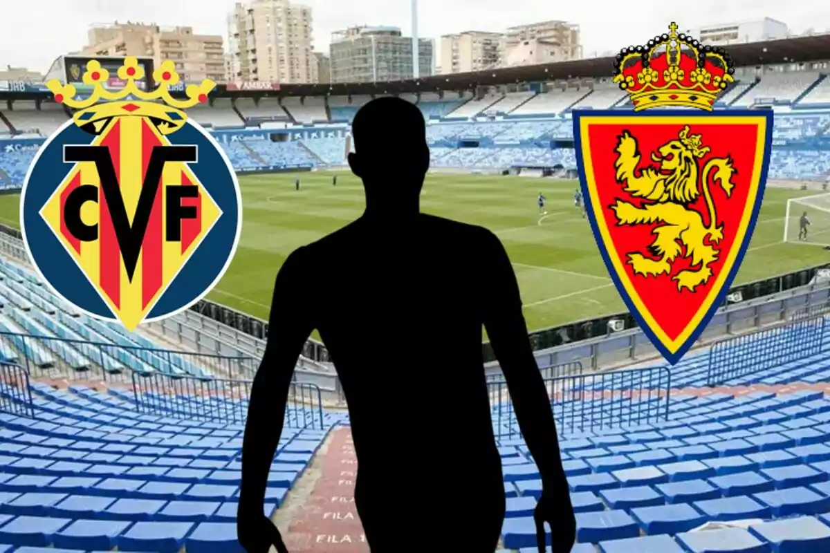 Una silueta d'una persona es troba en un estadi de futbol, amb els escuts del Vila-real CF i el Real Zaragoza als costats.