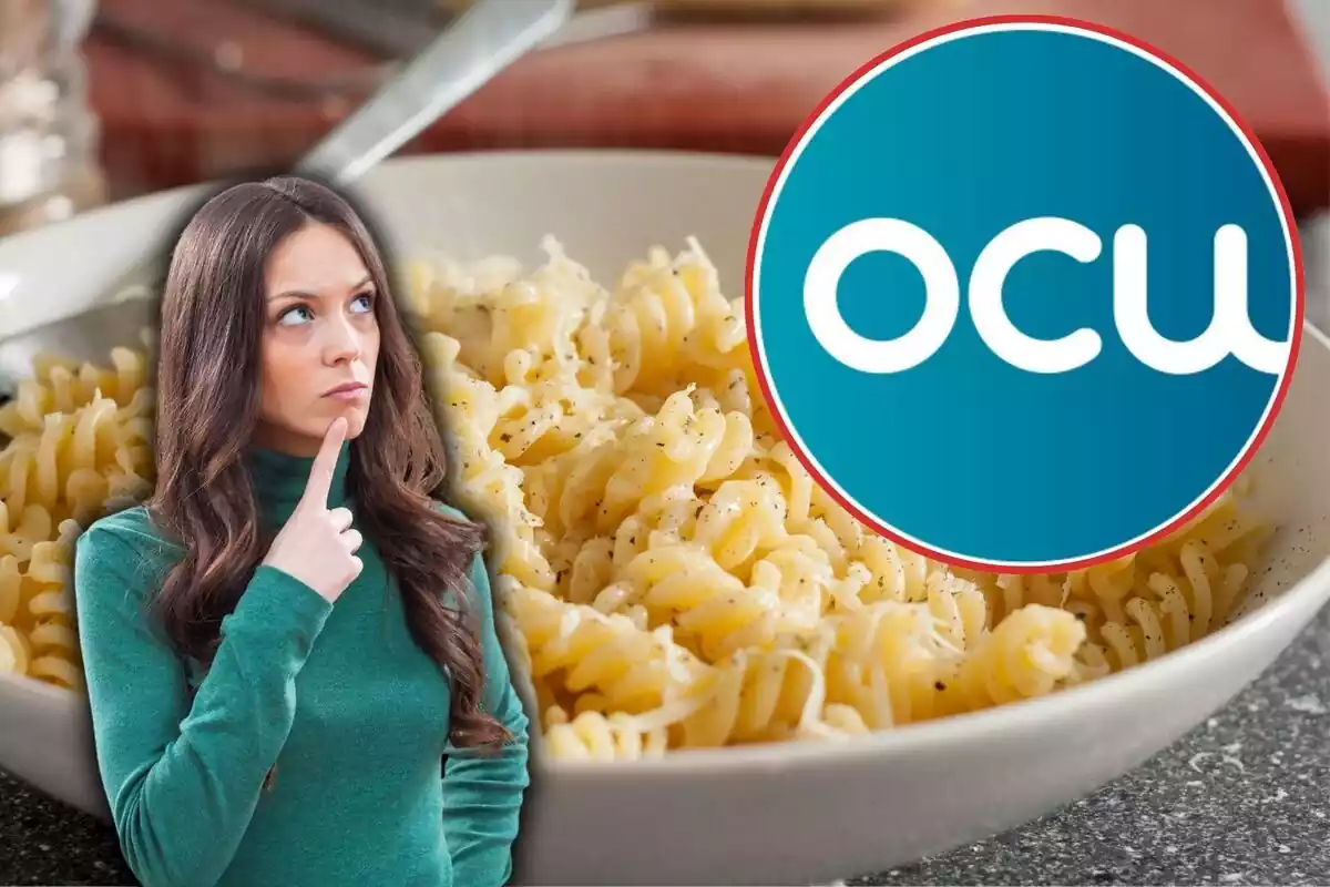 Dona pensant sobre la pasta i el logotip de l'OCU