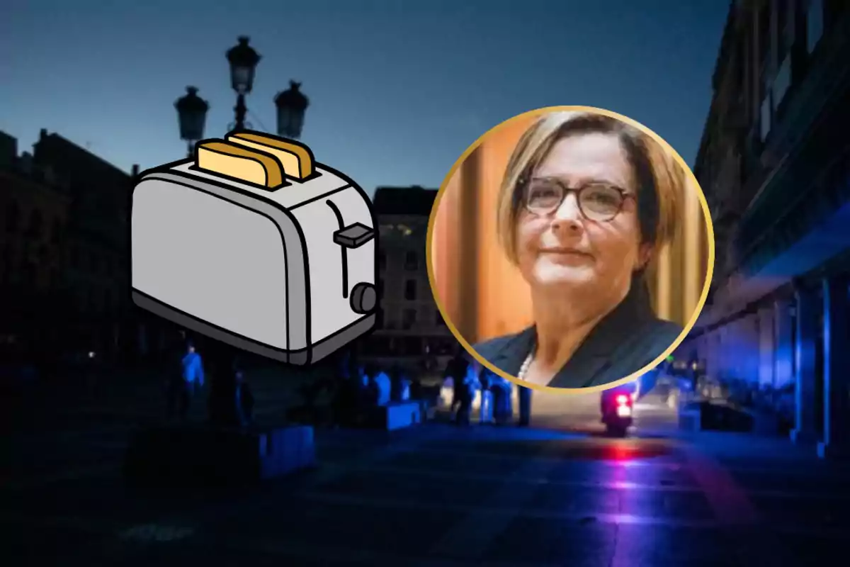 Una imagen de una plaza oscura con un ícono de tostadora y un retrato de una persona en un círculo superpuesto.