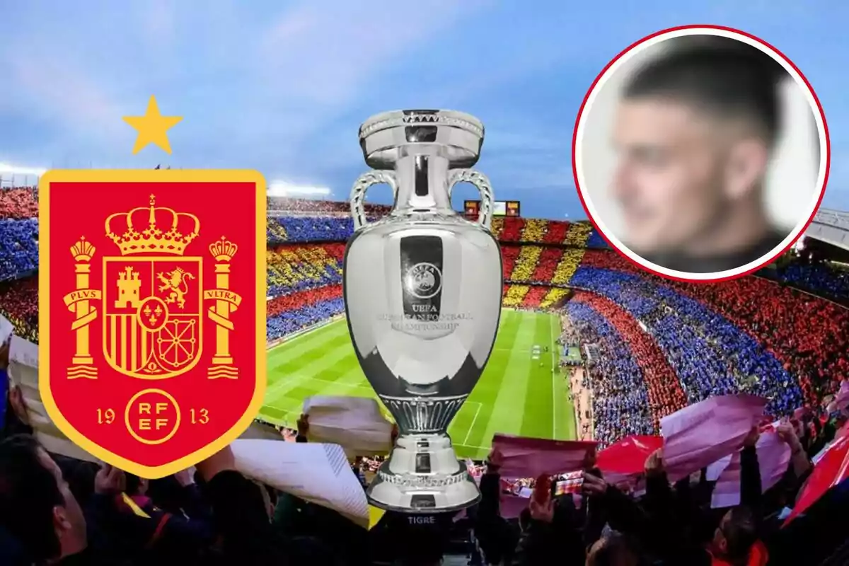 Escudo de la selección española de fútbol junto a la copa de la UEFA Eurocopa en un estadio lleno de aficionados con una imagen borrosa de una persona en un círculo en la esquina superior derecha.