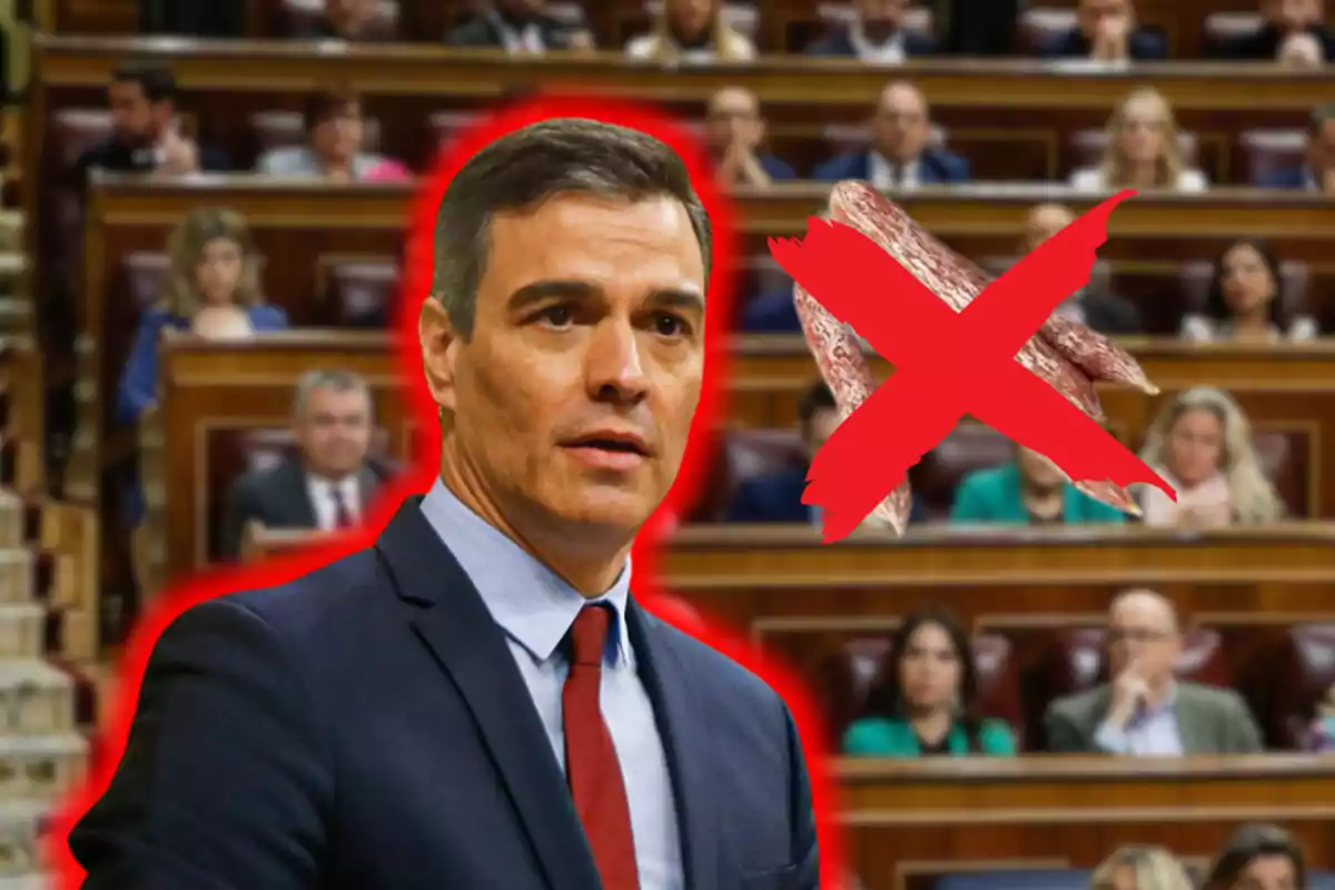 Un home en un entorn parlamentari amb un efecte de resplendor vermell i un símbol de prohibició sobre una llonganissa.