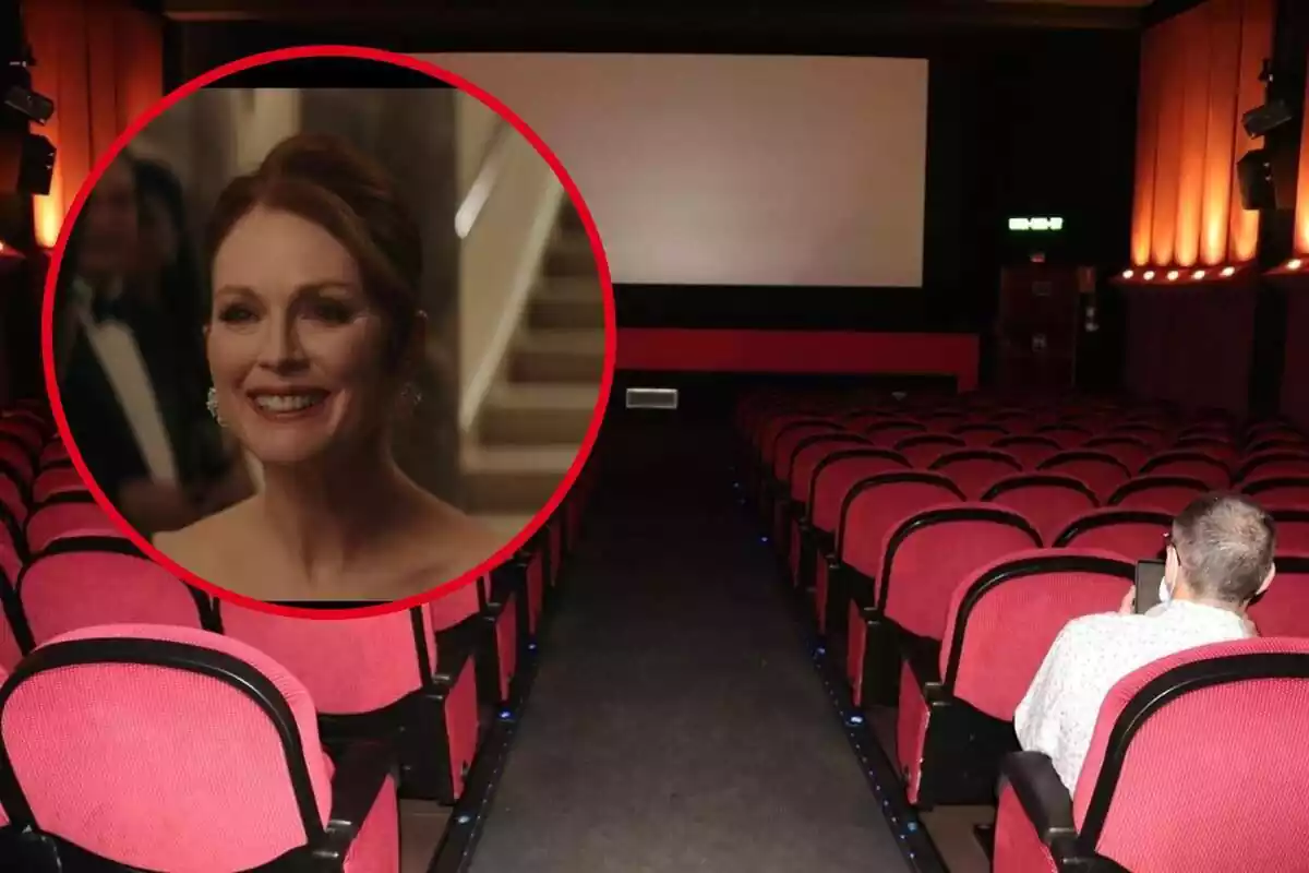 Muntatge amb una imatge d'un cinema buit ia l'angle superior esquerre, dins d'un cercle, l'actriu Julianne Moore en una escena de la pel·lícula