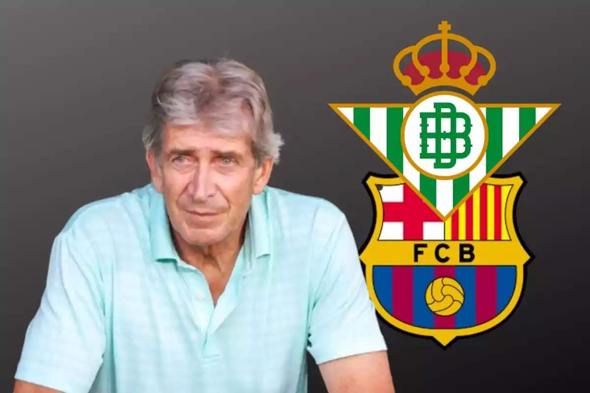 Manuel Pellegrini y los escudos de Real Betis y Barça