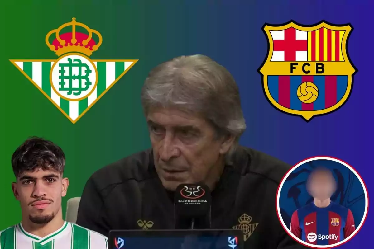 Un hombre mayor en una conferencia de prensa con el logo del Real Betis a la izquierda y el logo del FC Barcelona a la derecha, acompañado de dos jugadores de fútbol, uno del Real Betis y otro del FC Barcelona.