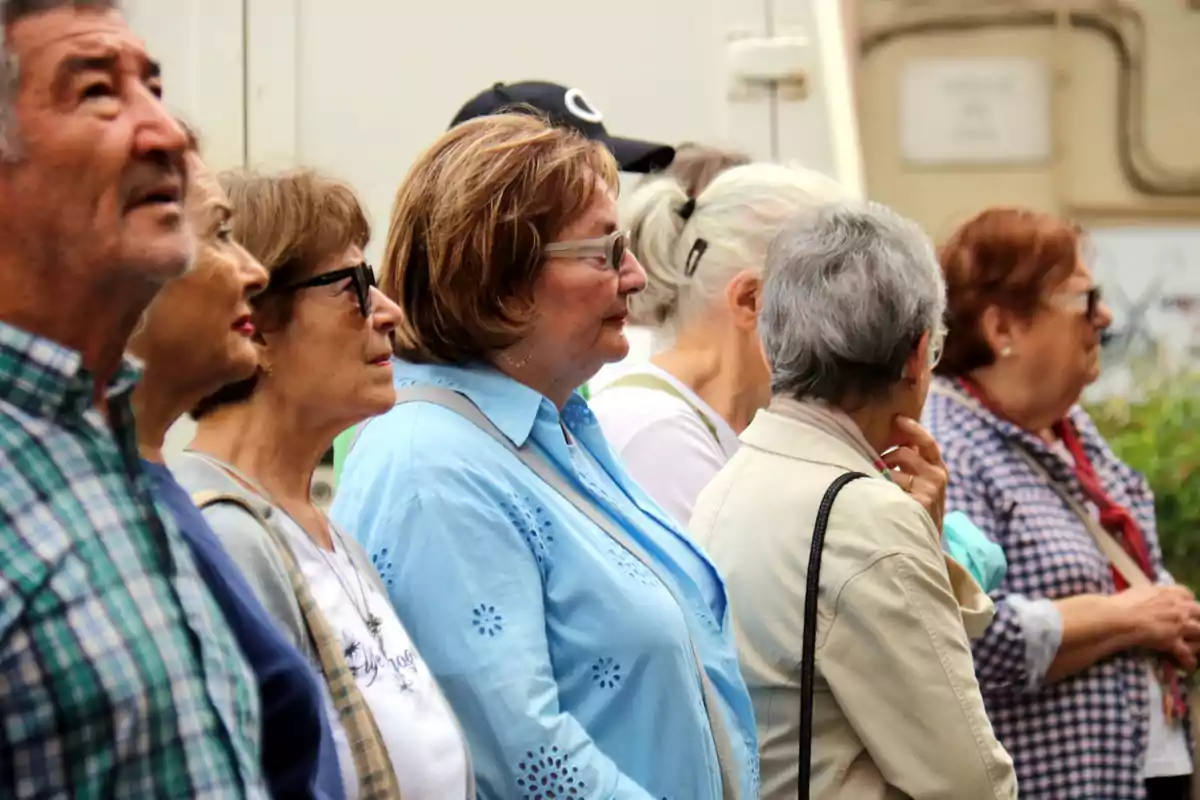 Un grup de persones grans observant atentament una mica fora de la imatge.