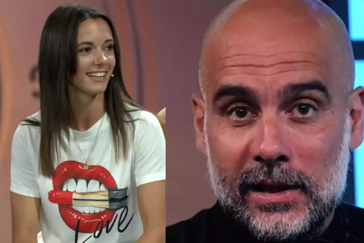 Muntatge amb una imatge de Pep Guardiola durant una entrevista. A l'esquerra una imatge amb Aitana Bonmatí durant una entrevista a Movistar +