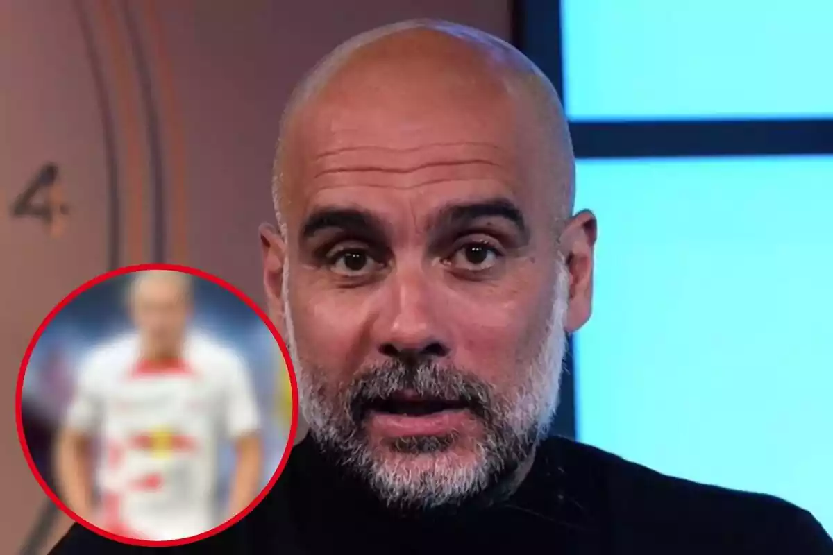 Muntatge amb una imatge de Pep Guardiola ia la cantonada inferior esquerra, dins d'un cercle i difuminat, el futbolista referenciat a la notícia