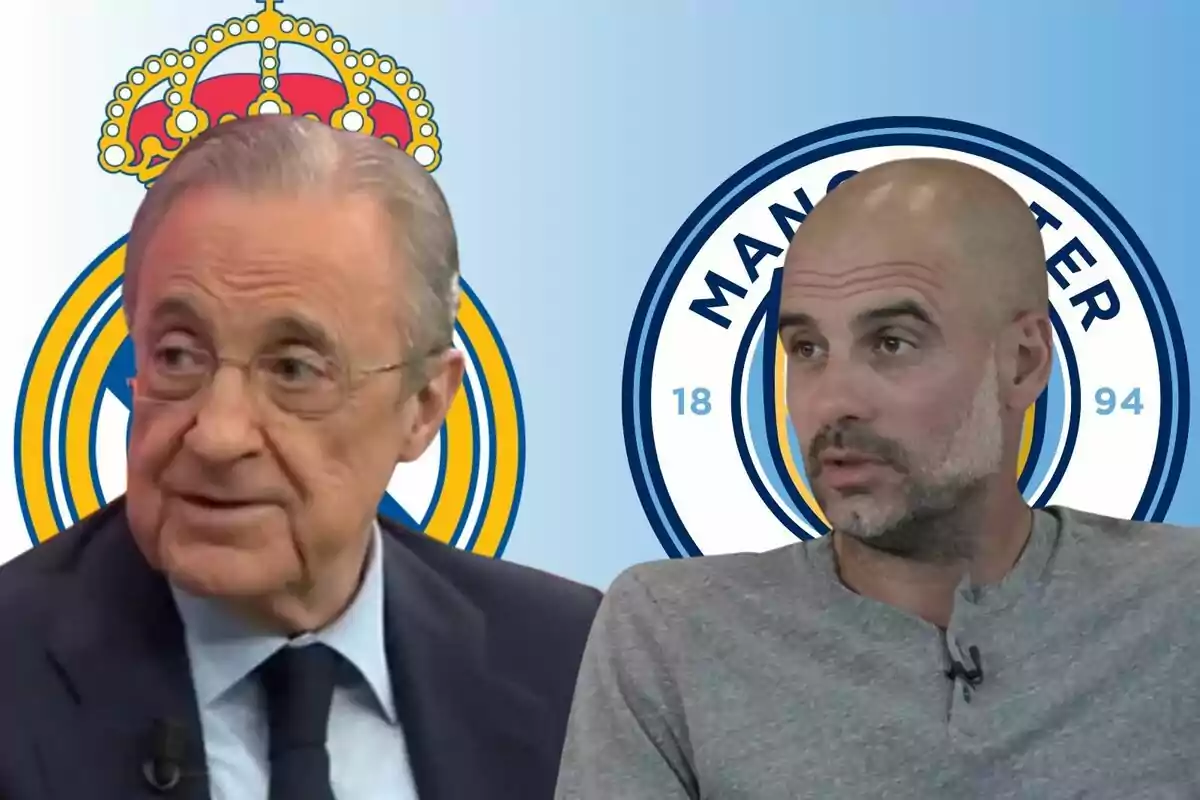 Dos hombres con los logotipos del Real Madrid y el Manchester City de fondo.