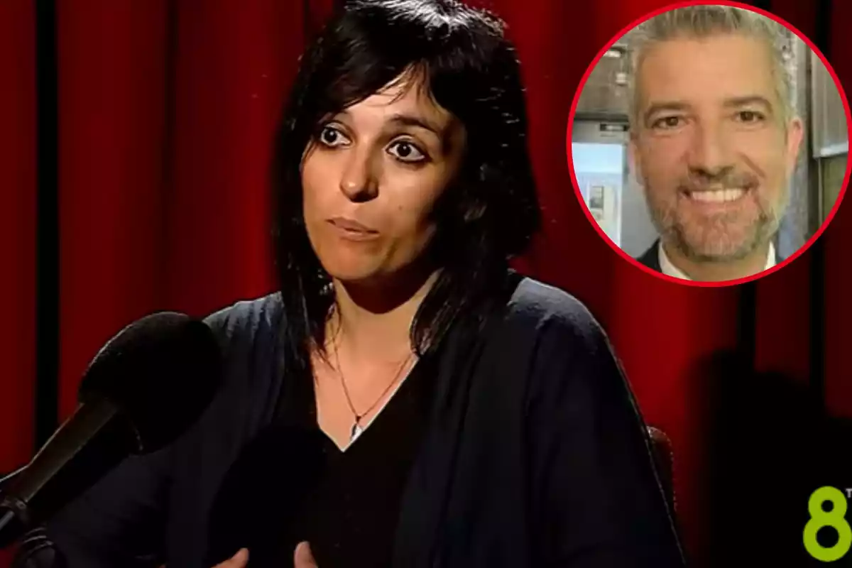 Muntatge amb Sílvia Orriols en una entrevista a 8TV i un cercle amb Toni Cruanyes a dalt a la dreta