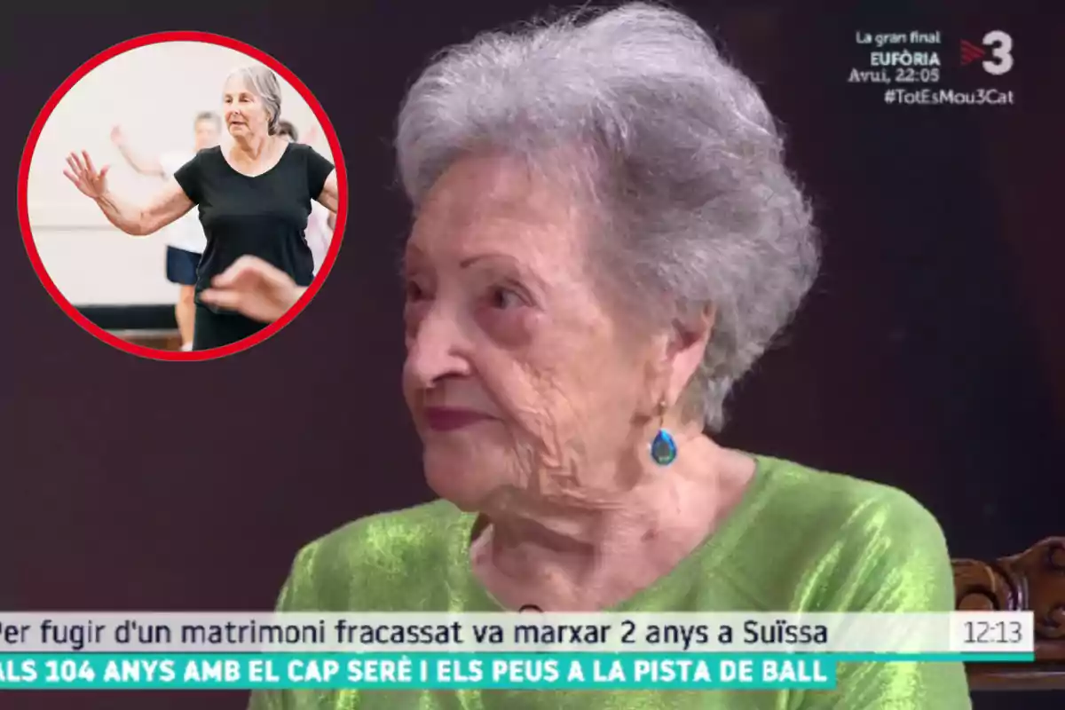 Muntatge amb una imatge de Pepita Bernat a TV3. A l'esquerra una imatge amb una dona gran practicant un ball