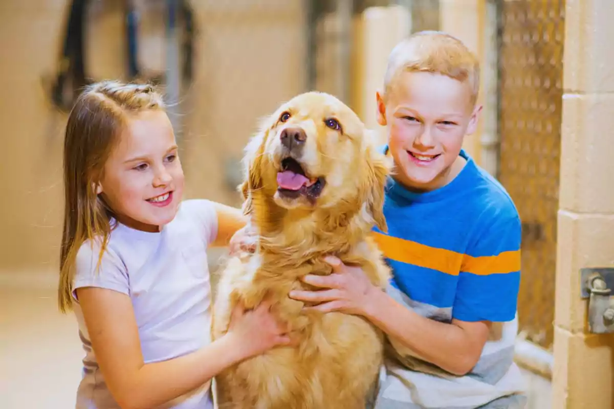 Dos niños sonrientes abrazan a un perro golden retriever en un entorno interior.