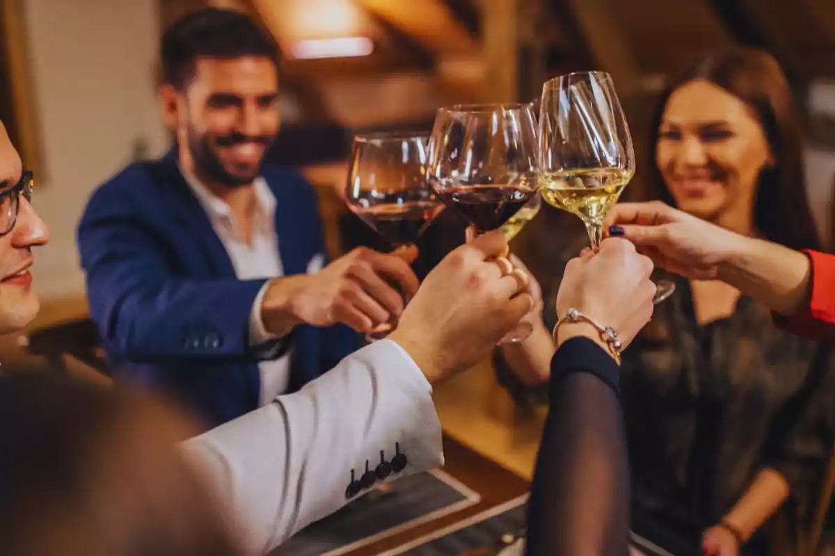 Un grupo de personas brindando con copas de vino en un ambiente festivo.