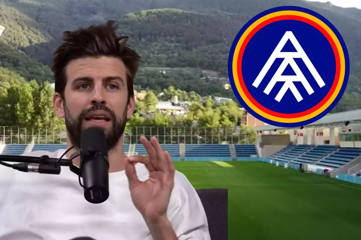 Muntatge amb el camp de l'Andorra, la figura de Gerard Piqué a baix a l'esquerra i l'escut de l'Andorra a dalt a la dreta