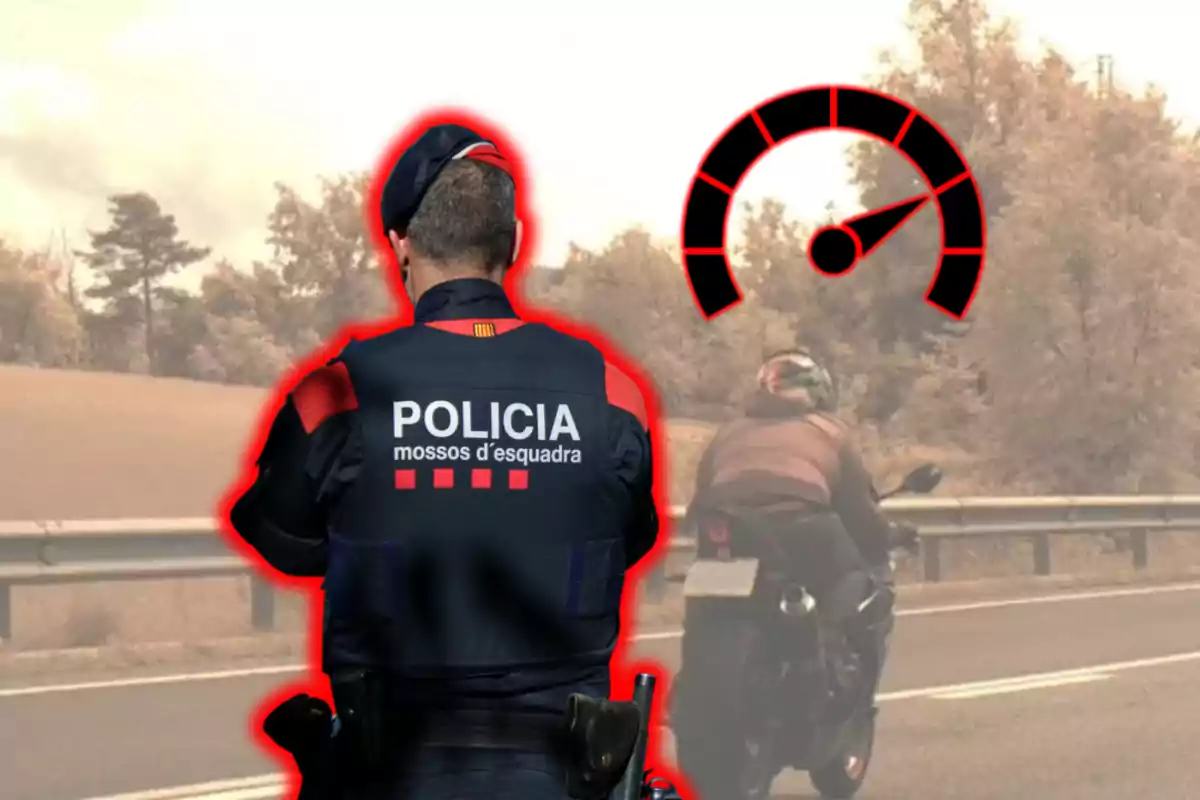 Un agente de policía de espaldas observa a un motociclista en la carretera con un velocímetro superpuesto en la imagen.