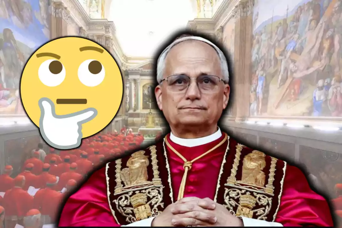 Un home vestit amb indumentària papal apareix davant d'un fons que sembla ser la Capella Sixtina amb un emoji pensatiu superposat. Un home vestit amb indumentària papal apareix davant d'un fons que sembla ser la Capella Sixtina amb un emoji pensatiu superposat.