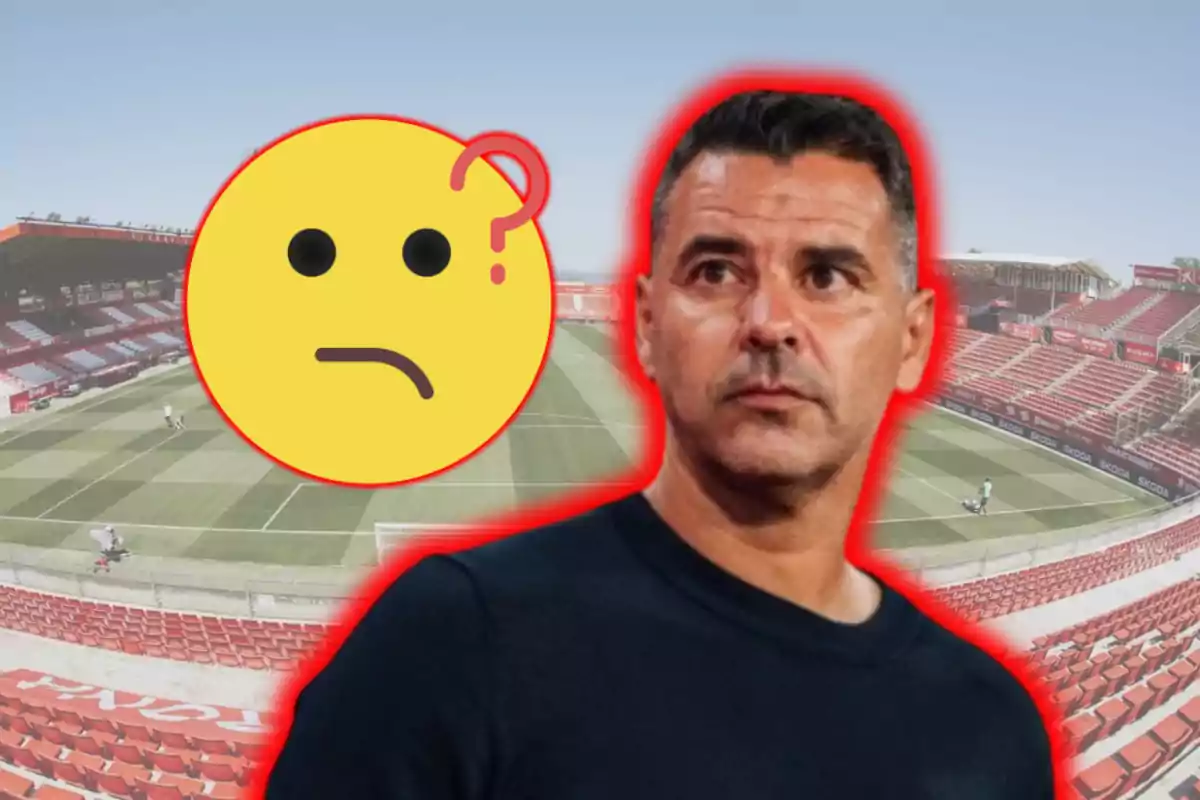 Un hombre con expresión seria y un emoji pensativo sobre un fondo de estadio de fútbol.