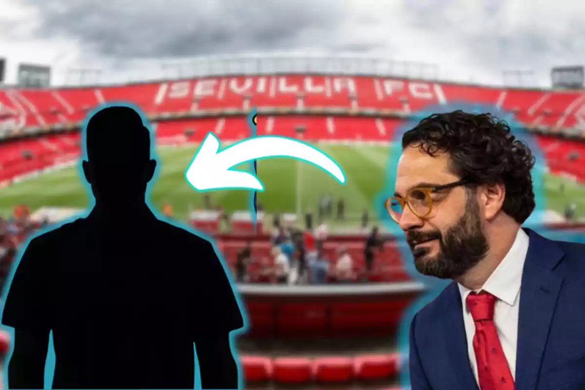 Un home amb vestit i corbata vermella és en un estadi de futbol amb seients vermells i un cartell que diu "Sevilla FC", al costat d'una silueta negra amb una fletxa blava apuntant cap a ella.