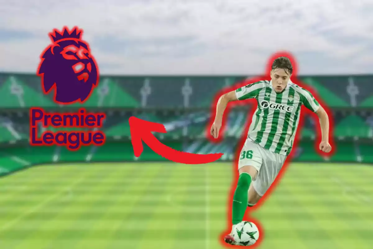 Un jugador de fútbol con uniforme verde y blanco corre con el balón en un estadio mientras una flecha roja apunta al logo de la Premier League.