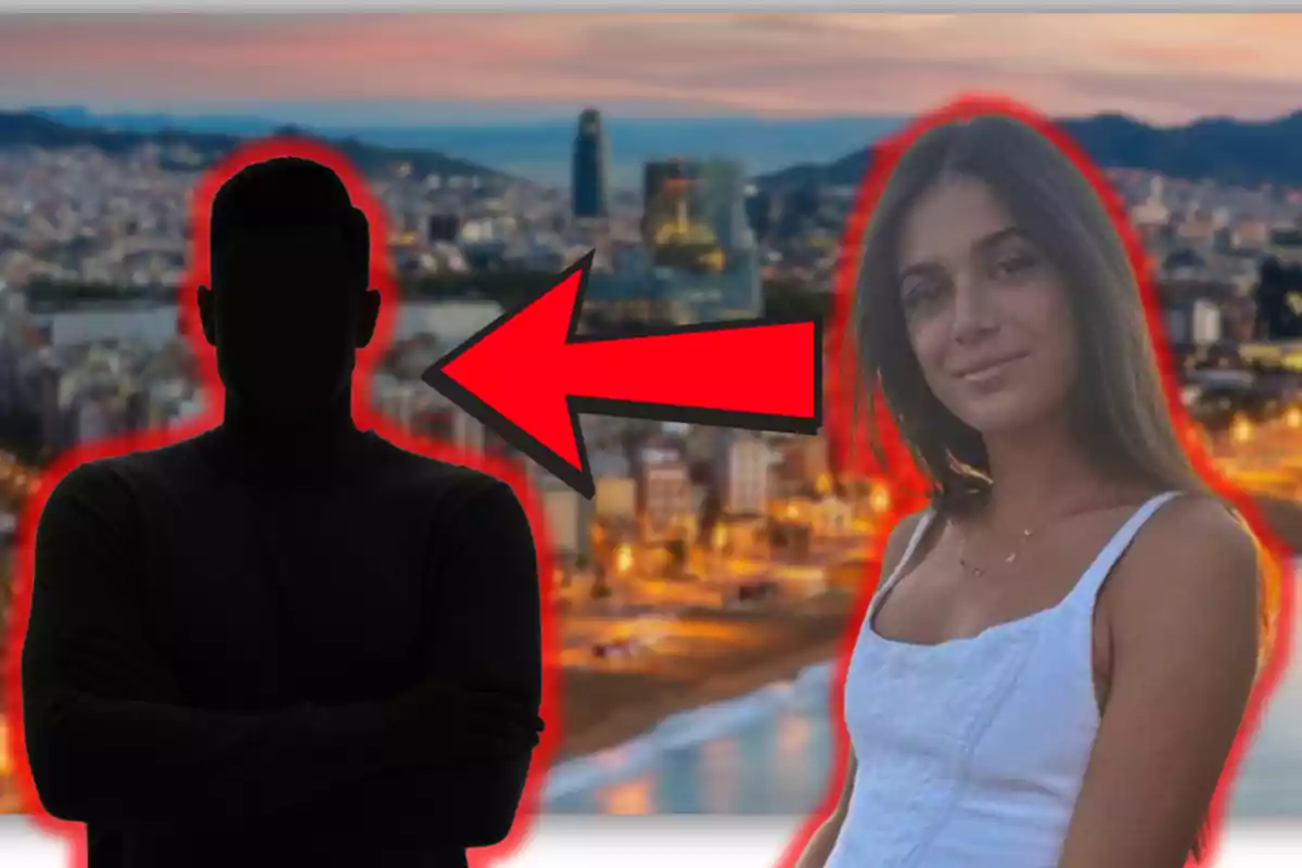 Una mujer sonriente en primer plano con un fondo urbano al atardecer y una silueta masculina con una flecha roja apuntando hacia ella.