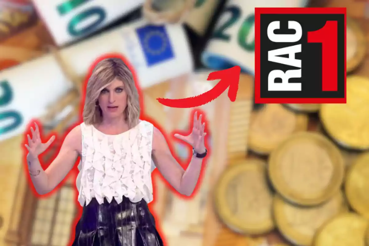 Una persona con un vestido blanco y negro aparece frente a un fondo de billetes y monedas, junto a un logotipo que dice "RAC1" con una flecha roja señalándolo.