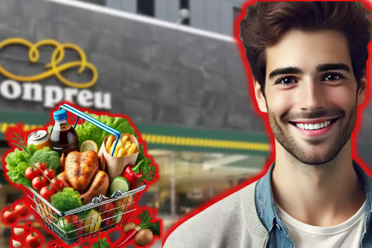 Un hombre sonriente frente a un supermercado con un carrito de compras lleno de alimentos como pollo, verduras y bebidas.