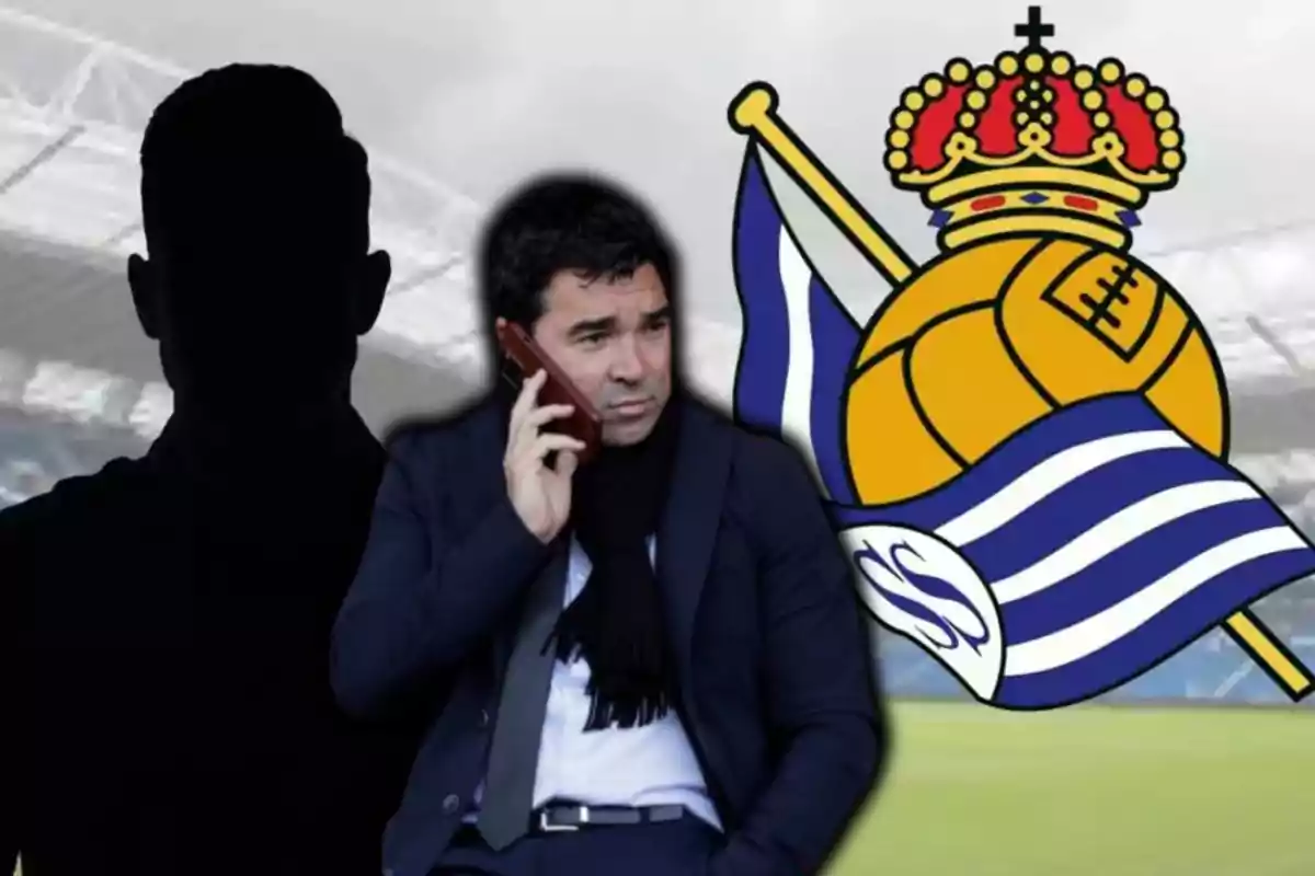 Un home parlant per telèfon amb una bufanda negra i un vestit fosc, al costat d'una silueta negra i l'escut d'un equip de futbol amb una pilota i una corona.