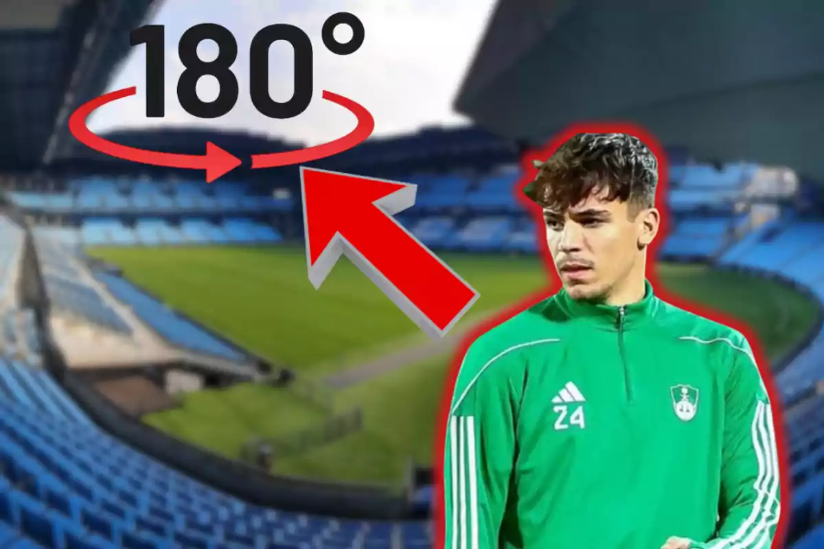 Un jugador de futbol amb uniforme verd està en un estadi buit, amb un gràfic de fletxa vermella i el text "180°" indicant un gir.