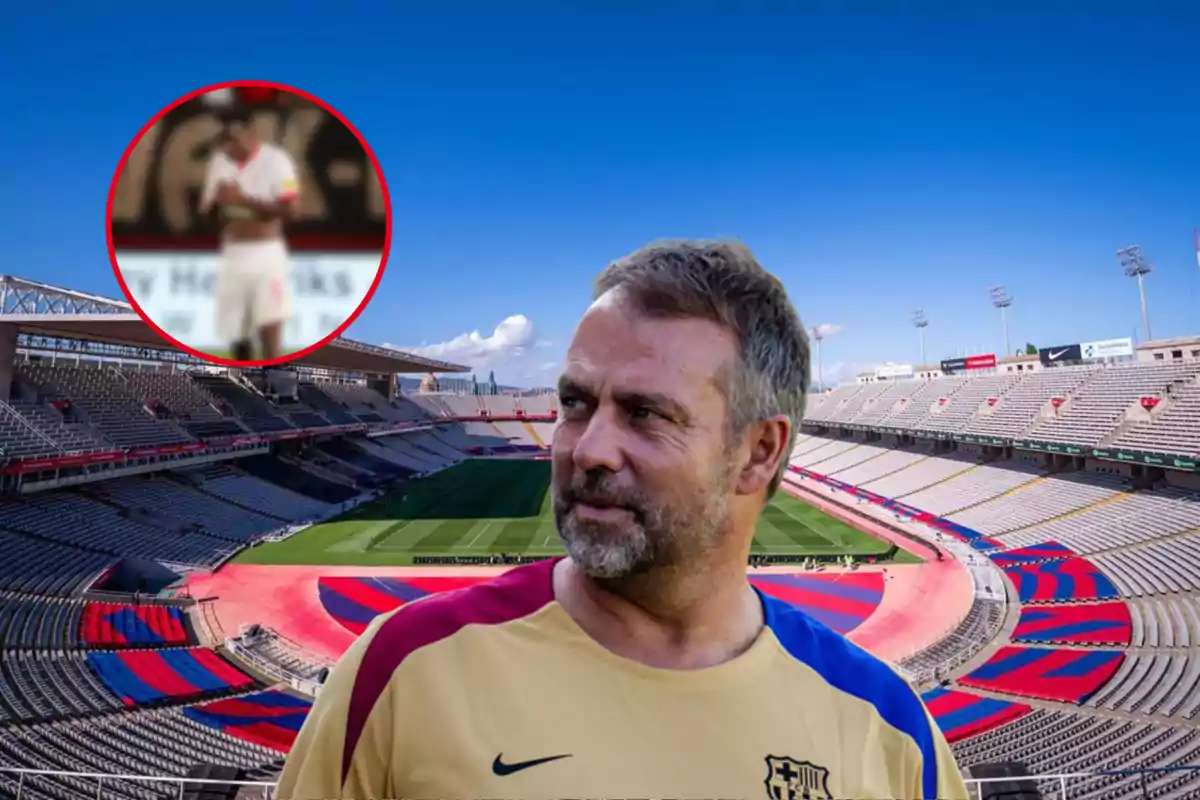 Un home amb una samarreta del FC Barcelona a un estadi de futbol buit amb una imatge borrosa d'un jugador en un cercle vermell.