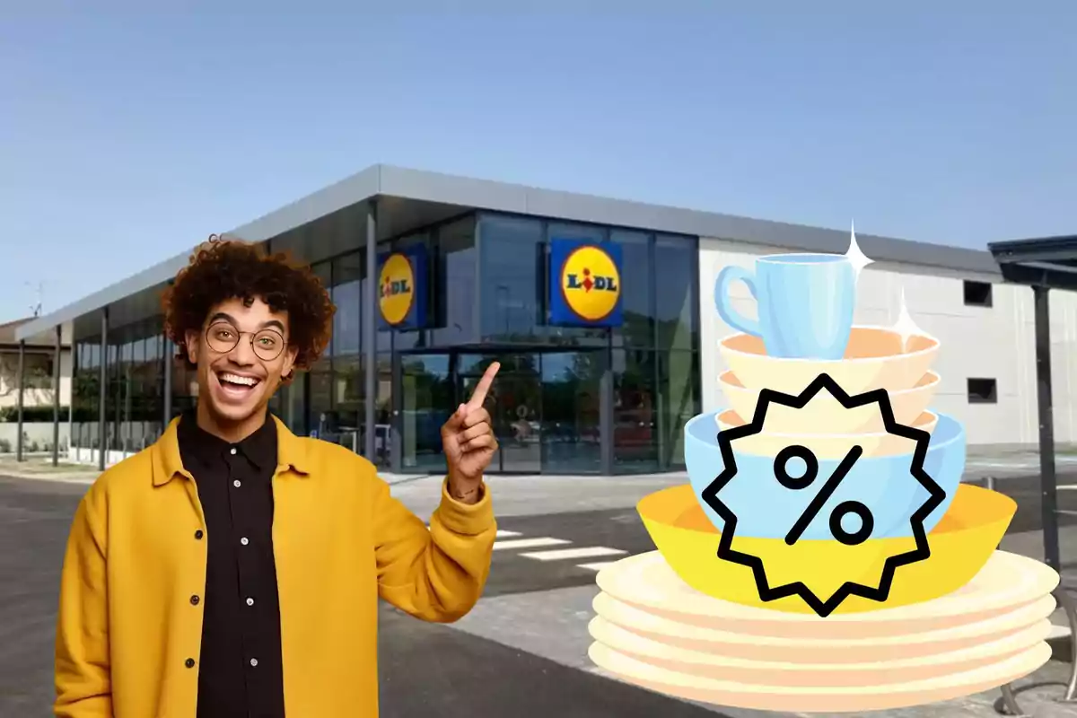 Persona sonriendo y señalando hacia un supermercado Lidl con un gráfico de descuento en platos y tazas.