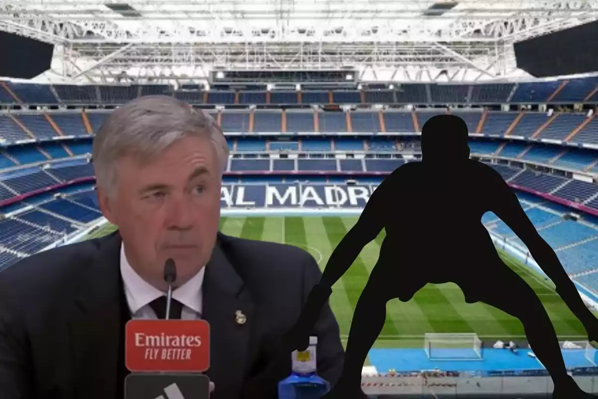 Un hombre en una conferencia de prensa con el estadio del Real Madrid de fondo y la silueta de un jugador de fútbol.