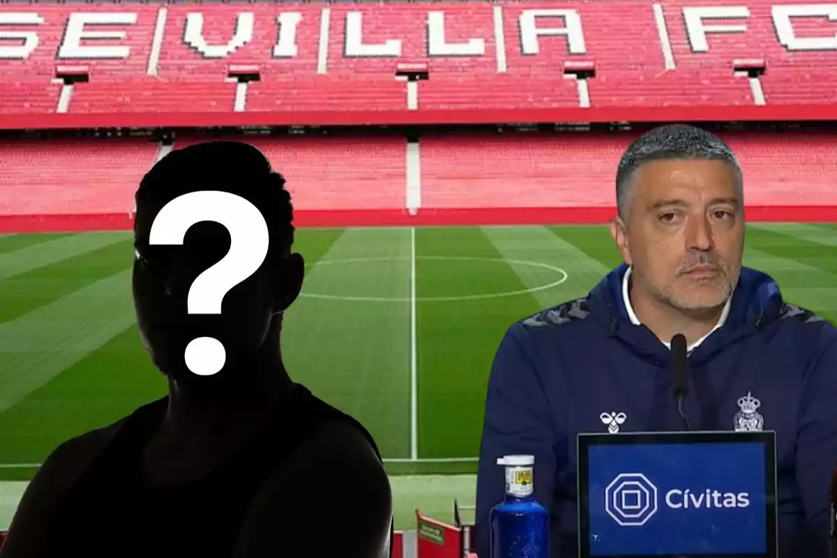 Un home amb un signe d?interrogació a la cara i un altre home en una conferència de premsa, amb l?estadi del Sevilla FC de fons.