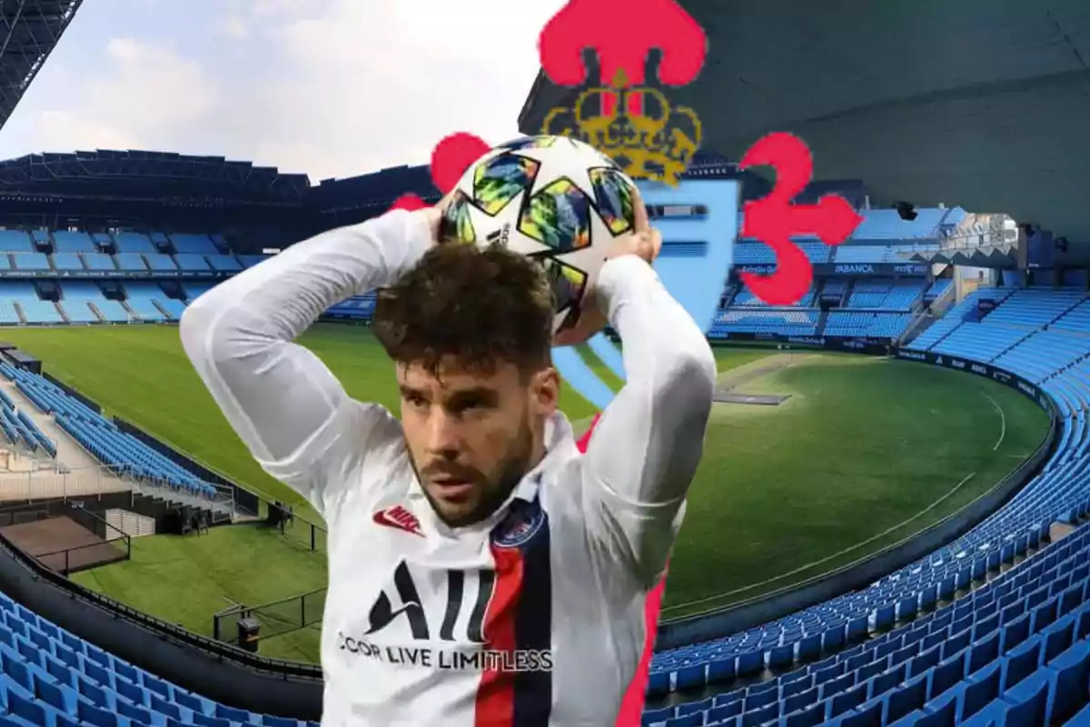 Un jugador de futbol amb l?uniforme del PSG està llançant un servei de banda en un estadi buit amb l?escut del Celta de Vigo de fons.