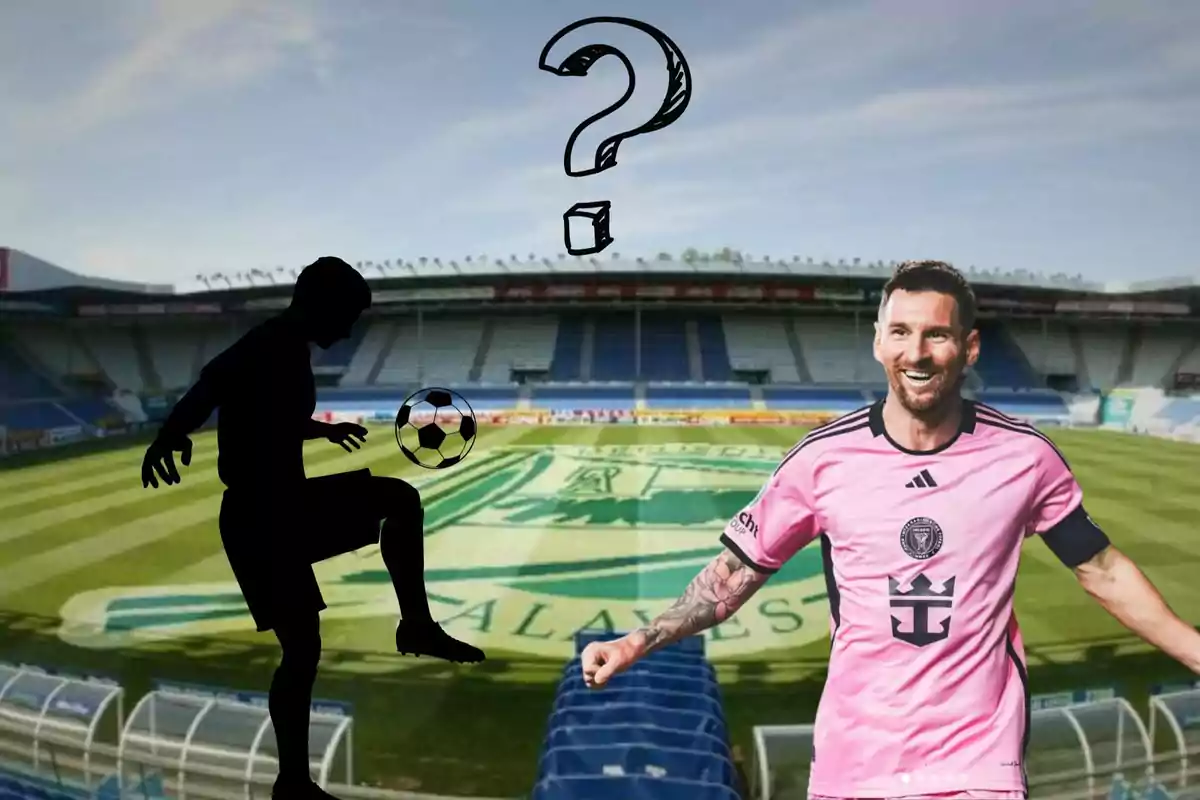 Un jugador de futbol amb una samarreta rosa somriu en un estadi, mentre una silueta d?un altre jugador amb una pilota i un signe d?interrogació són al fons.