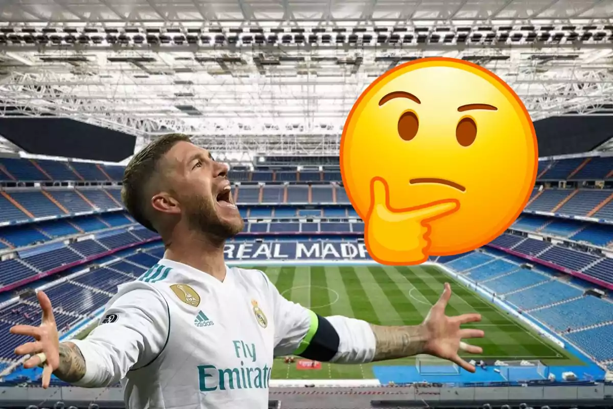 Un jugador de futbol celebrant en un estadi amb un emoji de cara pensativa superposat.