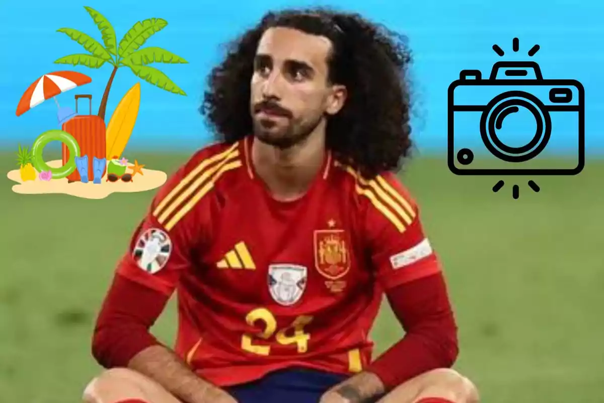 Jugador de fútbol con uniforme rojo de la selección española sentado en el campo, con ilustraciones de playa y una cámara en el fondo.