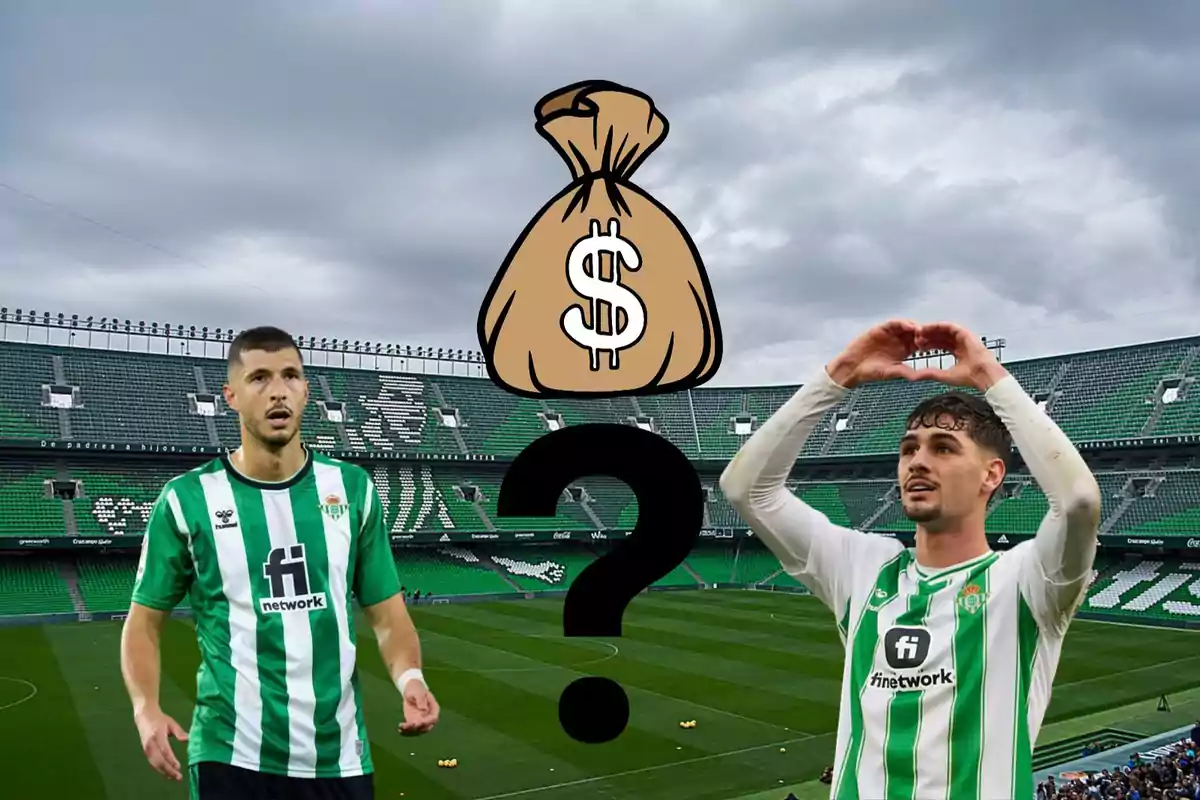 Dos jugadors de futbol del Real Betis amb una borsa de diners i un signe d'interrogació entre ells en un estadi buit.