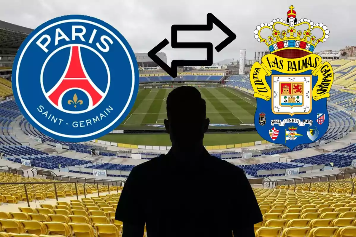 Un estadi de futbol amb els logotips del París Saint-Germain i la UD Las Palmas, i una silueta d'una persona al centre.